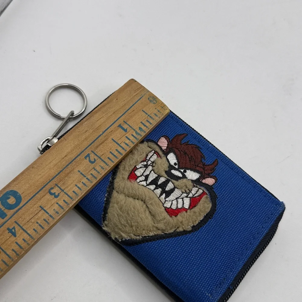 Vtg Looney Tunes Taz Embroidered Tasmanian Devil Blue Canvas Wallet Keychain Zip